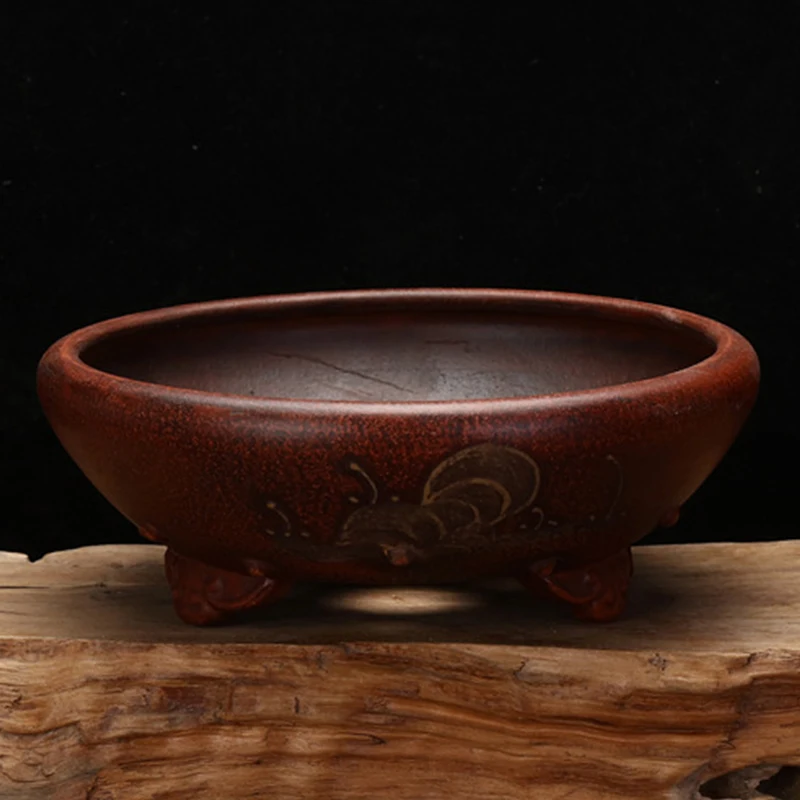 Chinese Style Purple Sand Retro Carving Bonsai Pots Simple Round Orchid Succulent Cactus Planter Tabletop Miniascape Maceteros