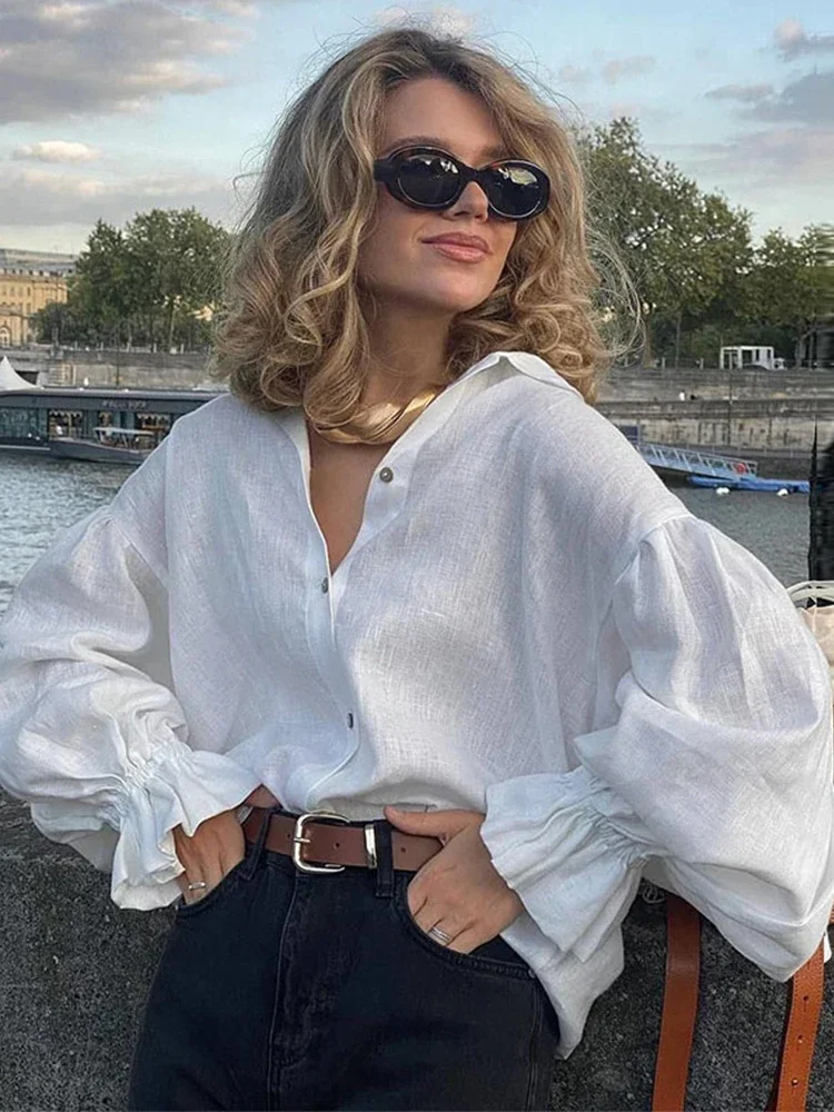 

Женские рубашки, элегантная однобортная женская блузка с расклешенными рукавами на хлопковой подкладке, весна 2024, модные женские уличные топы