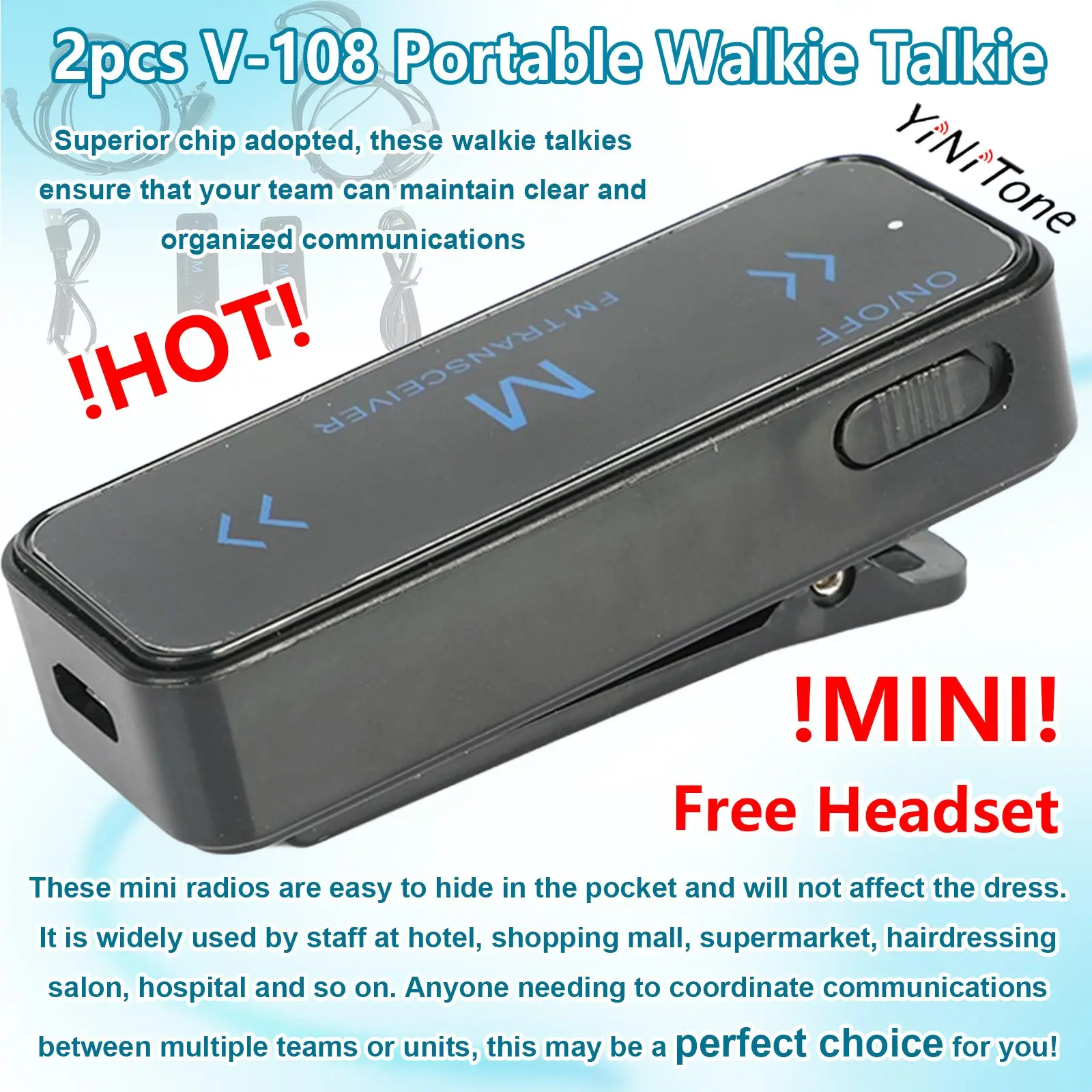 V-108 Ham Mini Walkie Talkie for hotels hair salons UHF 400-480MHz Transceiver with headset USB Power Portable Two Ways Radio