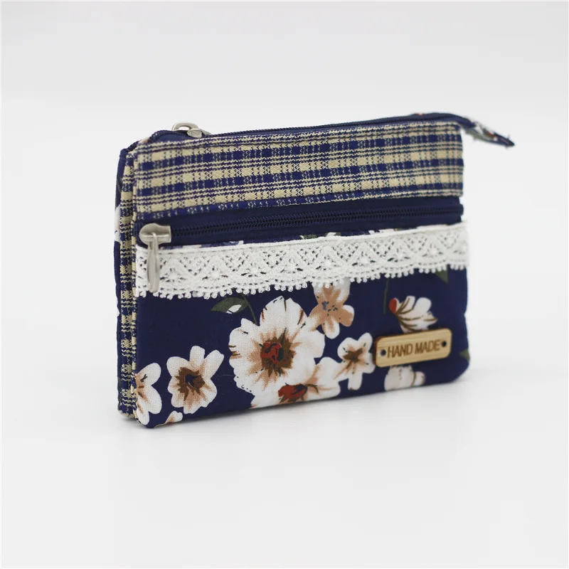 Moda flor multi-camada de algodão tecido moeda bolsa feminina cartão carteira pequena mudança saco retro lona feminina bolsas de mão bolsa nova