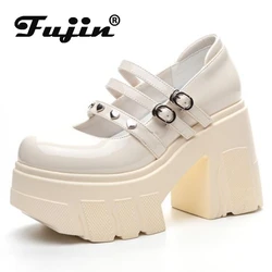 Fujin 11cm 2024 Patent Genuine Leather Breathable Buckle Platform Chunky Heels Pumps Summer Ankle Boots Mary Jane Casual Shoes