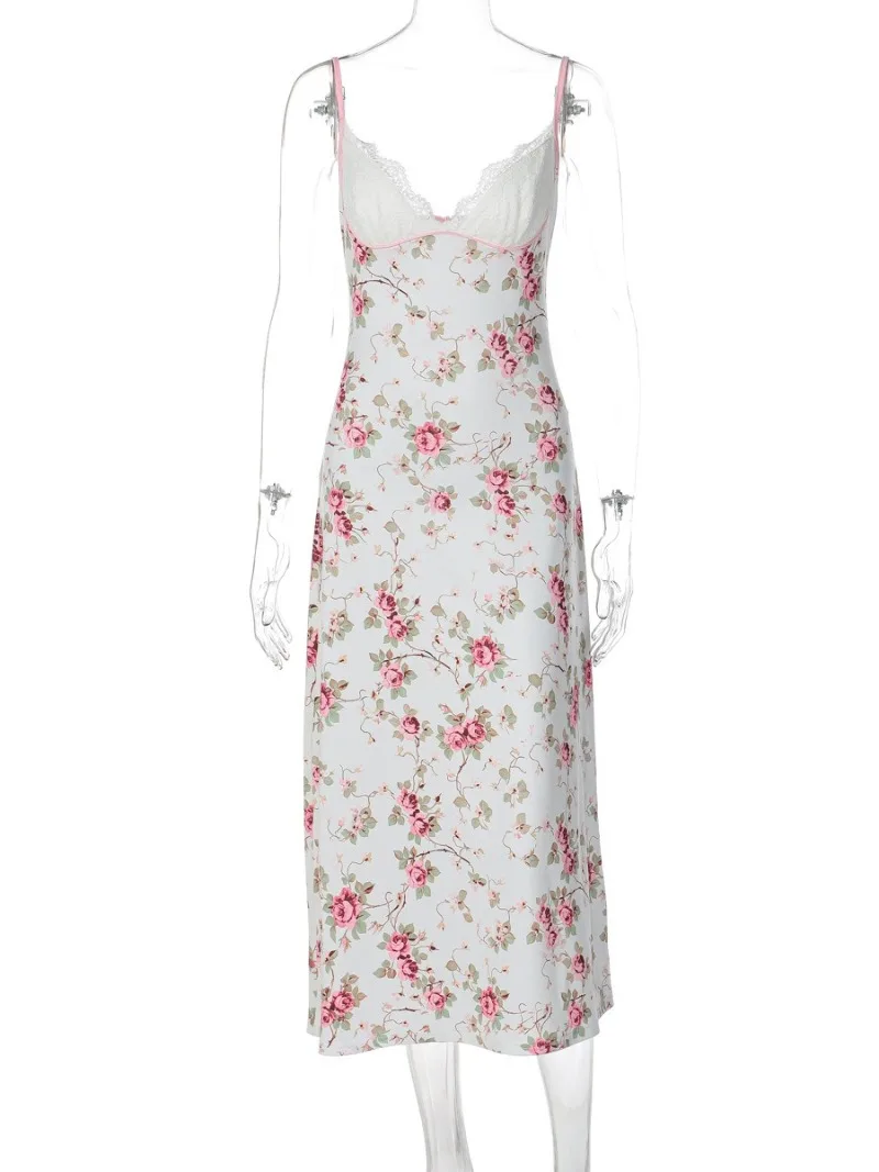 FDYOUI Donna Patchwork in pizzo Stampa floreale Abito con cinturino per spaghetti Sexy scollo a V Backless Abiti da festa di compleanno a metà polpaccio Streetwear