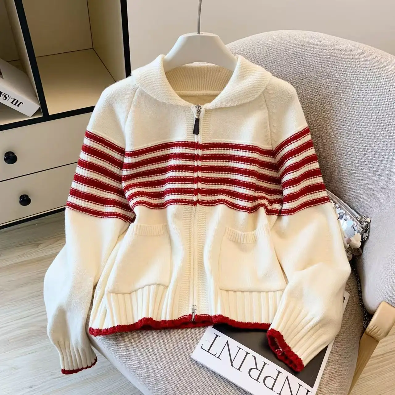 

Women's Striped Cardigan Sweater 90s Vintage 2000s Y2k Zippers Jumper Knitwear Long Sleeves Cashmere Sweater Sets Autumn 2025