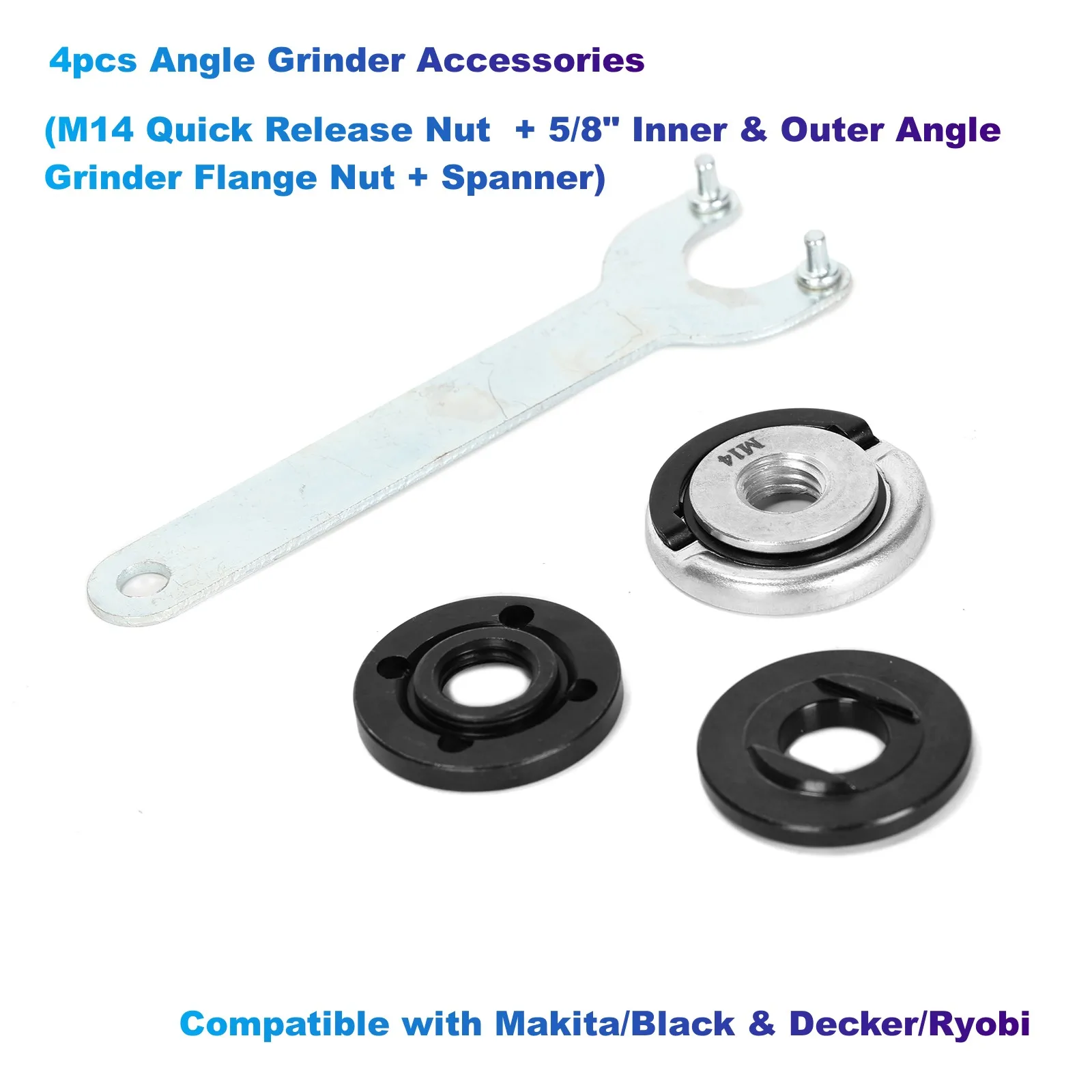 4pcs Angle Grinder ACC (M14Quick Release Nut + 5/8Angle Grinder Flange Nut + Spanner)Compatible with Makita/Black & Decker/Ryobi