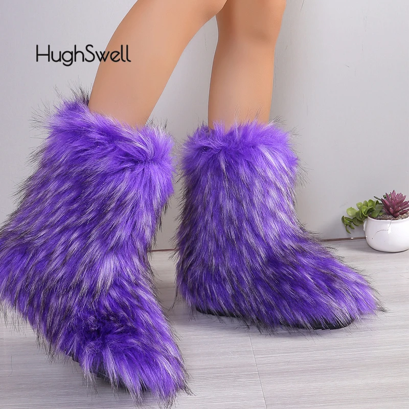 

Luxury Purple Fur Boots Woman Chic Bicolor Fluffy Plush Booties Ladies Two-tone Thick Plush High Top Shoes Winter Warm Zapatos
