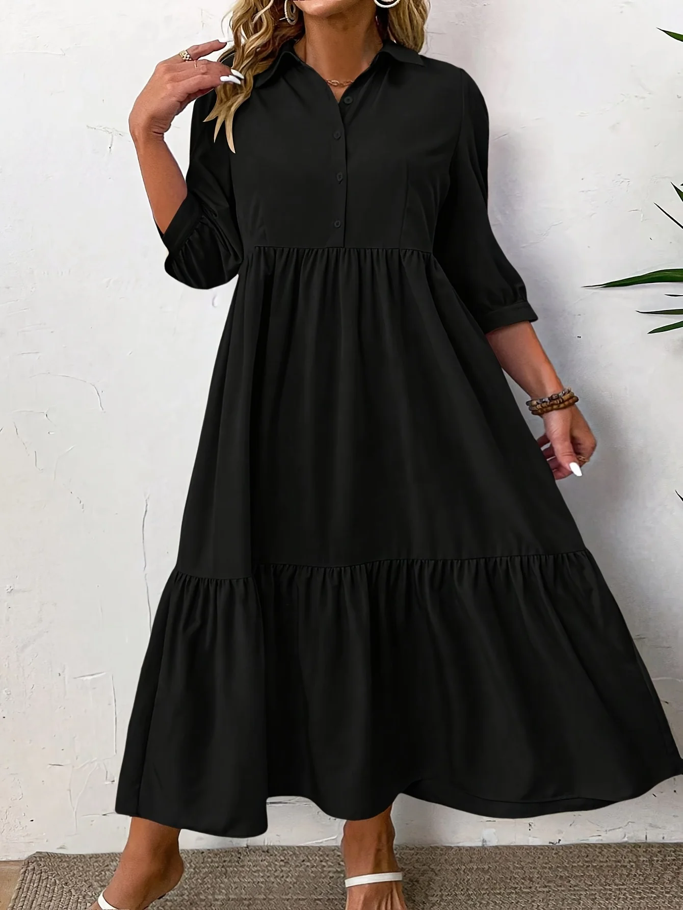 

Large women's casual loose shirt with collar, middle sleeves, multi-layer splicing hem, commuting long skirt