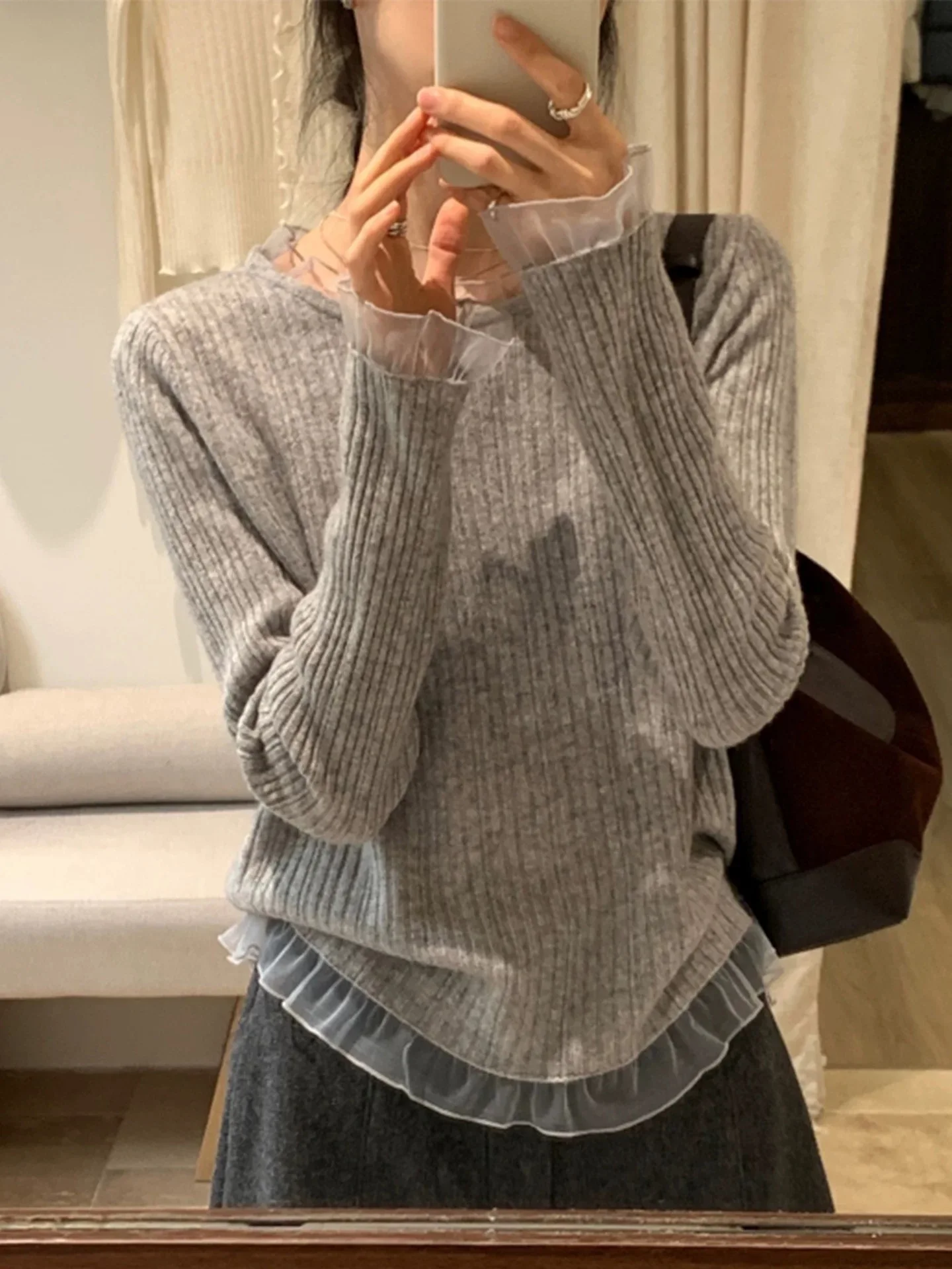 

Элегантный вязаный шерстяной свитер с кружевом, длинный рукав, свободный крой, женский, модный, весна-осень, базовый слой, универсальный