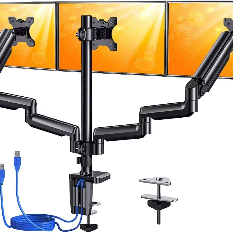 3 Monitor Desk Mount for Computer Screens Up to 27 inch, Triple Monitor Arm with Gas Spring, Heavy Duty Monitor Stand