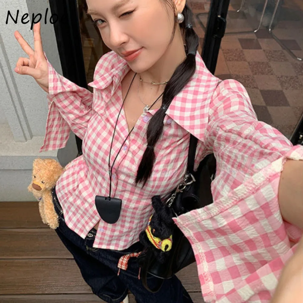 

Neploe Commuter Simple Slim American Vintage Top Turn-down Collar Flare Sleeve Casual Short Women Clothing All-match Sweet Shirt