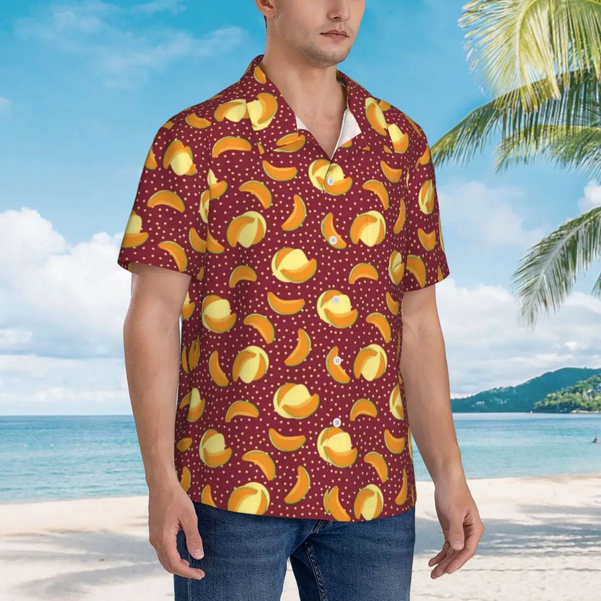 Muskmelon fruta praia camisa bolinhas impressão havaiana camisas casuais masculino blusas vintage mangas curtas moda coreana topo