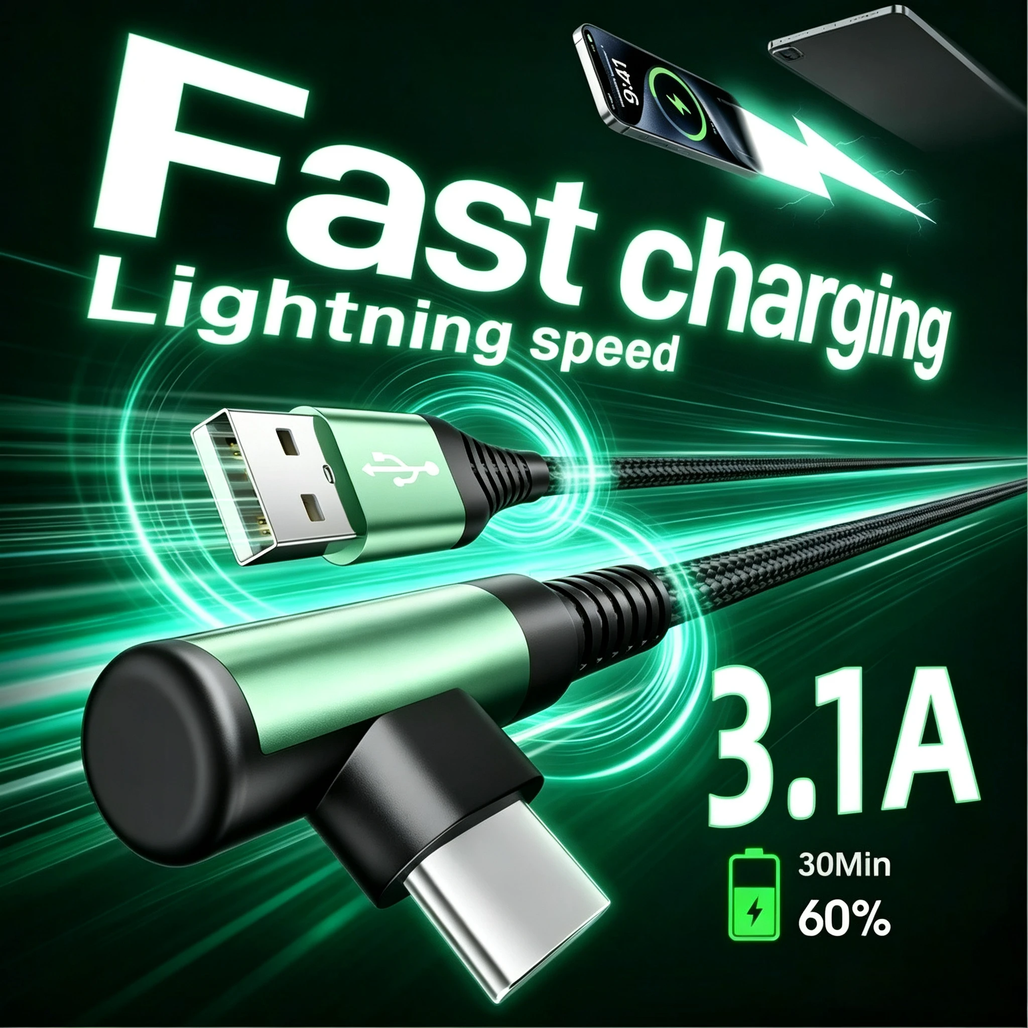 Elbow Data Cable USB A to Type C Fast Charger 90 Degree Angle Charging Cable for Samsung Huawei iPhone Macbook Xiaomi Wire Cord