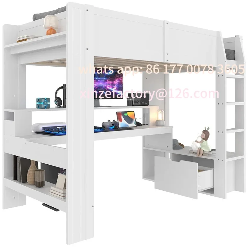 

Customizable Gaming High Bed White with desk LED Lights Drawer and Shelves-Without Mattress