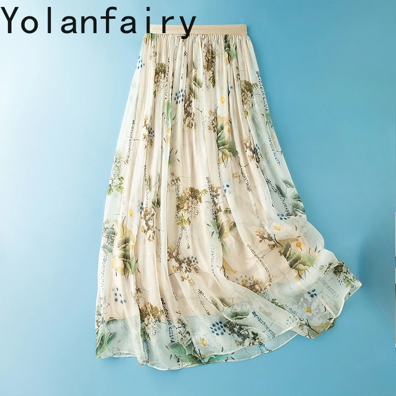 YOLANFAIRY New Fashion Ink Printed Skirts Women Pure Mulberry Silk Skirts for Woman High Elastic Waist Floral Skirt Beach Style