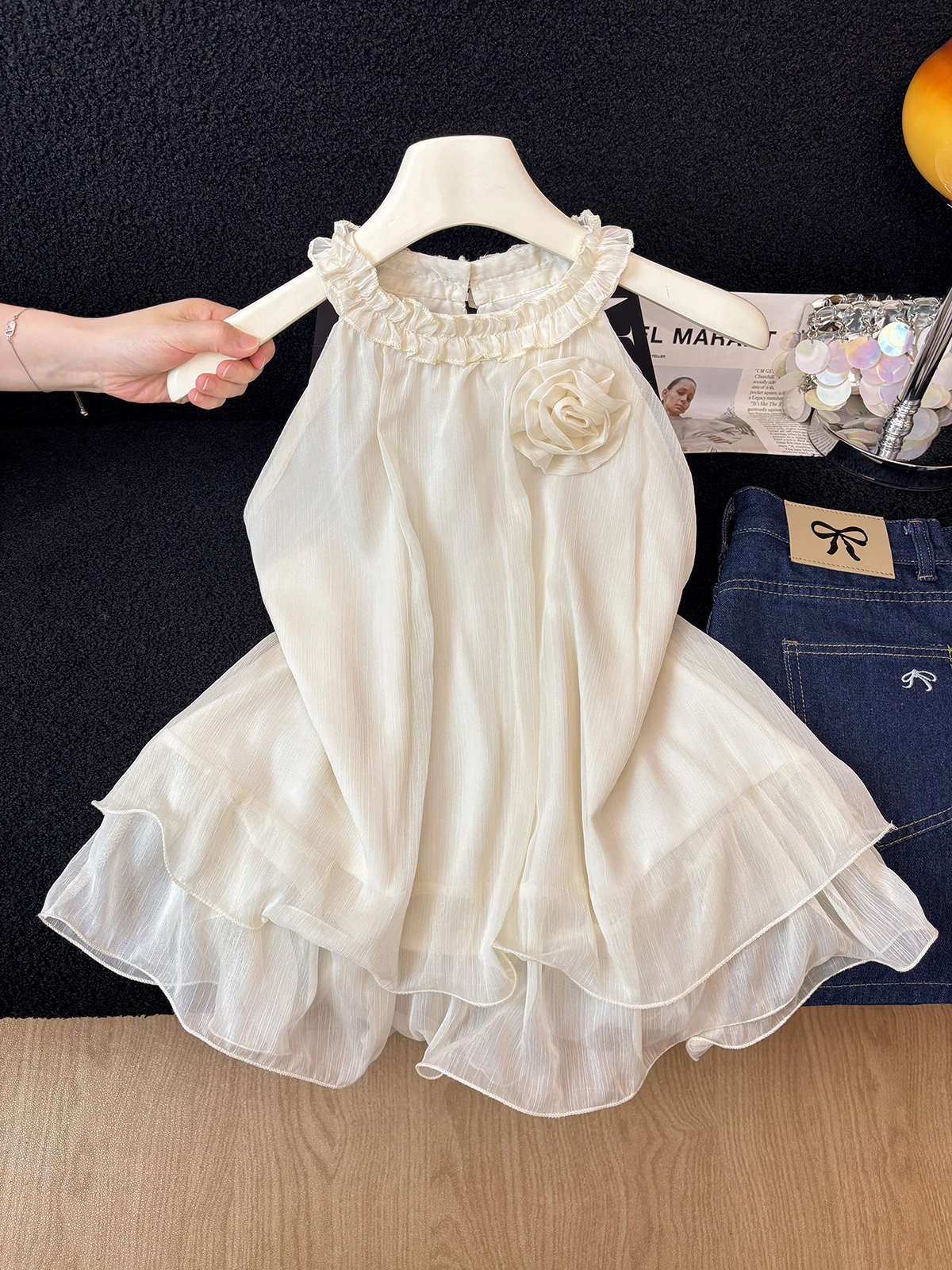 

Summer New Style Women's Sleeveless Neck Hanging Strap Vest Cherry Blossom round Neck Top Outerwear Shoulder Bared
