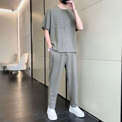 Top Alphabet Male T Shirt Jogging Sports Suits Plain Pants Sets Jogger Clothes for Men Grey Loose Tracksuit Fashion Stylish Chic