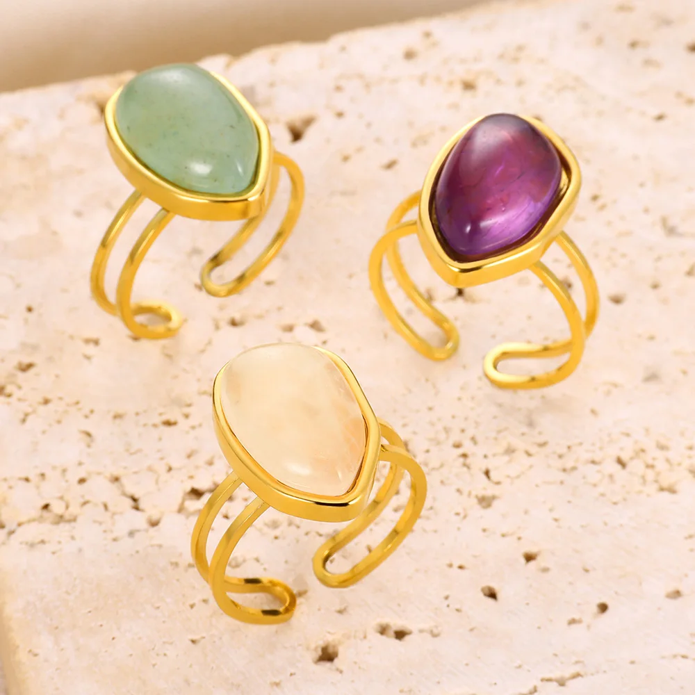 Trend Edelstahl Opal Ring Doppel Verstellbare Öffnung Finge Ringe Für Frauen Gold Farbe Naturstein Nette Ästhetische Schmuck