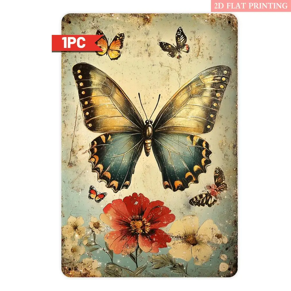 2D Flat Retro Butterfly And Flower Metal Wall Decor Sign - 8X12 Inch Rustic Iron Art, Multicolor Pest Control Design, 2D Flat Ir