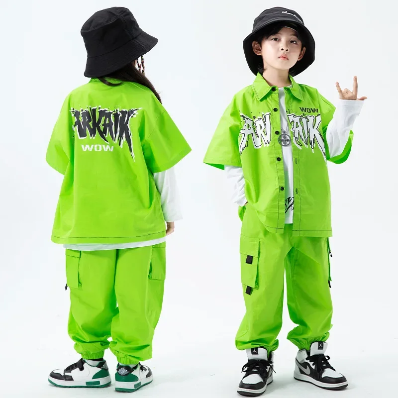 

Boys Hip Hop Cool Print Shirt Cargo Pants Girls Street Dance Green Jacket Joggers Clothes Set Child Streetwear Kids Jazz Costume