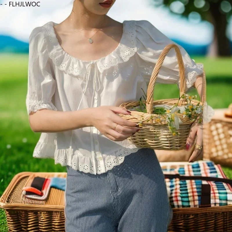 Niedliche Baumwollmischungen, Tops, kurz, neues Design, 2025, für Damen, Sommer, kurzärmelig, Rüschen, lässig, aushöhlen, weiße Spitzenhemden