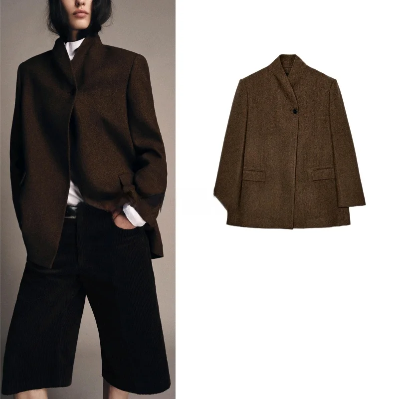 

Winter New Women's Casual Sle Long Sve Stand Collar Single Row Multi-Bule Houtooth Pattern Suit Jaet Polyester Fiber