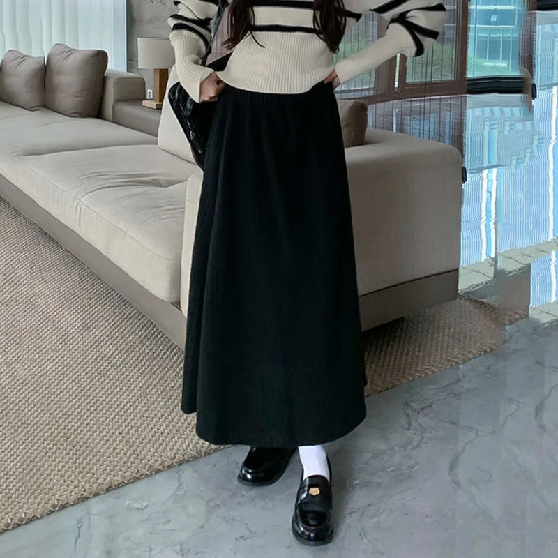 Xpqbb Autumn Winter Thicken Plush A-line Skirts Ladies Solid Casual High Waisted Long Skirt Woman Lazy Style Vintage Midi Skirts