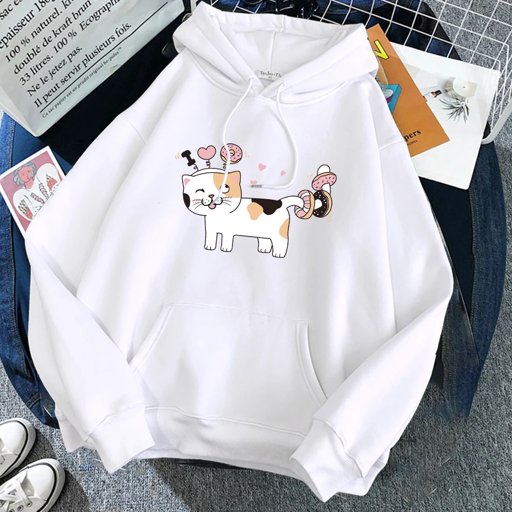 I love doughnuts Cute cat Prints man Hoodies Comfortable Fleece Warm Pocket Sweatshirts Casual Loose Pullovers men Woman Clothes