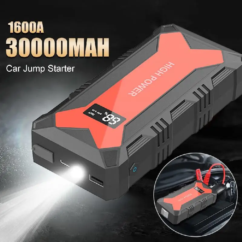 30000mAh Car Battery Jump Starter Portable Power Bank 1600A USB Fast Charger LED Flashlight Emergency Booster Car Accessories