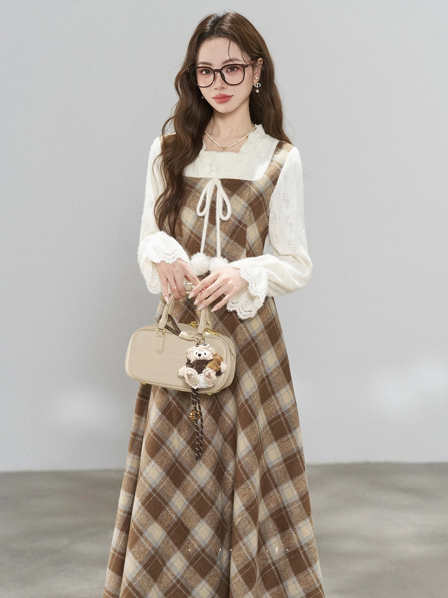 

Осенне-зимняя женская шерстяная юбка в клетку с завышенной талией, французский стиль, А-силуэт, удлиненная, с эффектом похудения