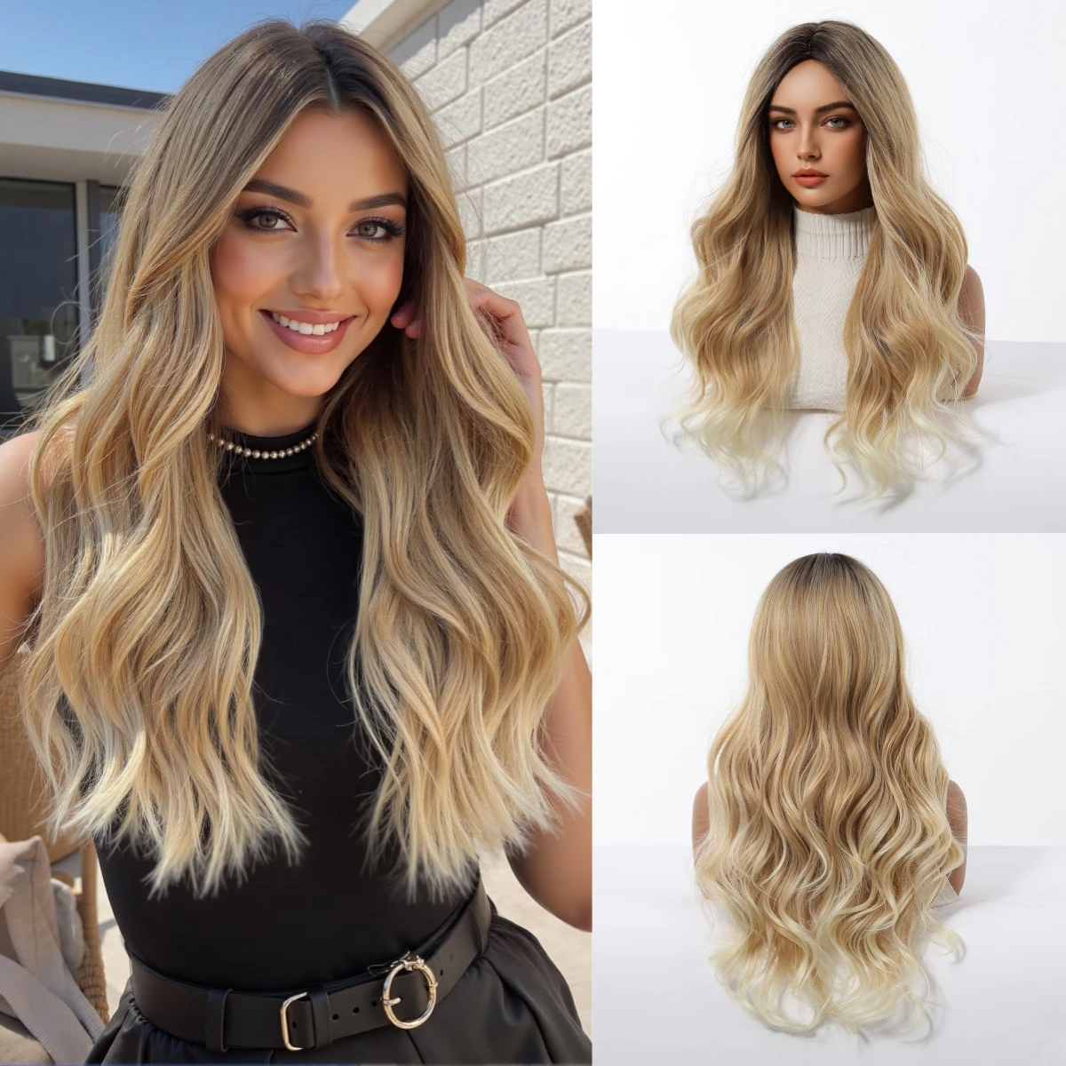 

Allbell Magique Honey Blonde Wigs With Dark Roots For Women Party Cosplay Long Wavy Curly Synthetic Natural Wigs Heat Resistant