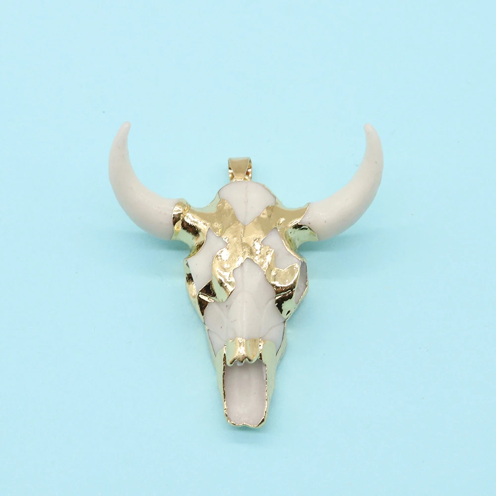 Natural Stone Resin Necklace Pendants for Jewelry Making Charms DIY Accessories Coffee Colour White Bull Head Bull Horns Pendant