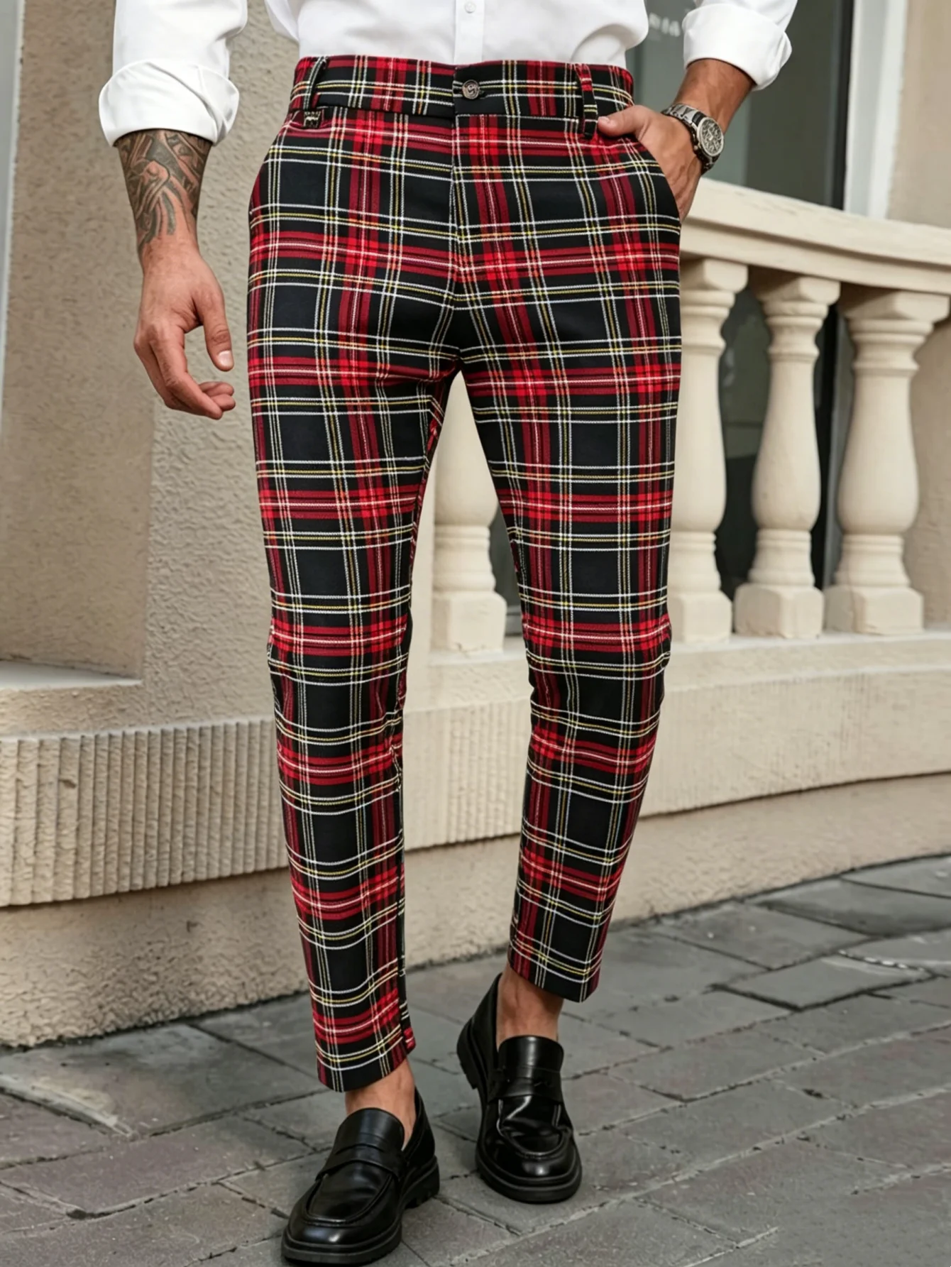 Men Vintage British Tartan Check Slim Fit Cropped Ankle Suit Pants, Soft Stretch Viscose Polyamide Spandex Blend Plaid Formal