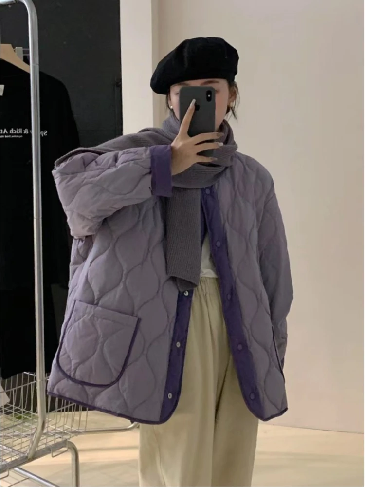 معطف نسائي فضفاض من القطن الدافئ بنمط الماس من Thiened النسخة الكورية برقبة دائرية وسترة قطنية مبطنة خفيفة الوزن #2