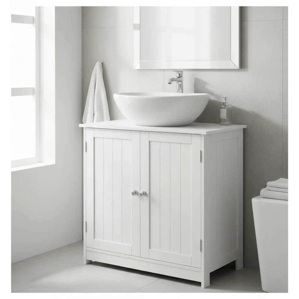 Under Sink Bathroom Storage Cabinet with 2 Doors & Adjustable Shelf, U-Shape Design for Small Spaces, White