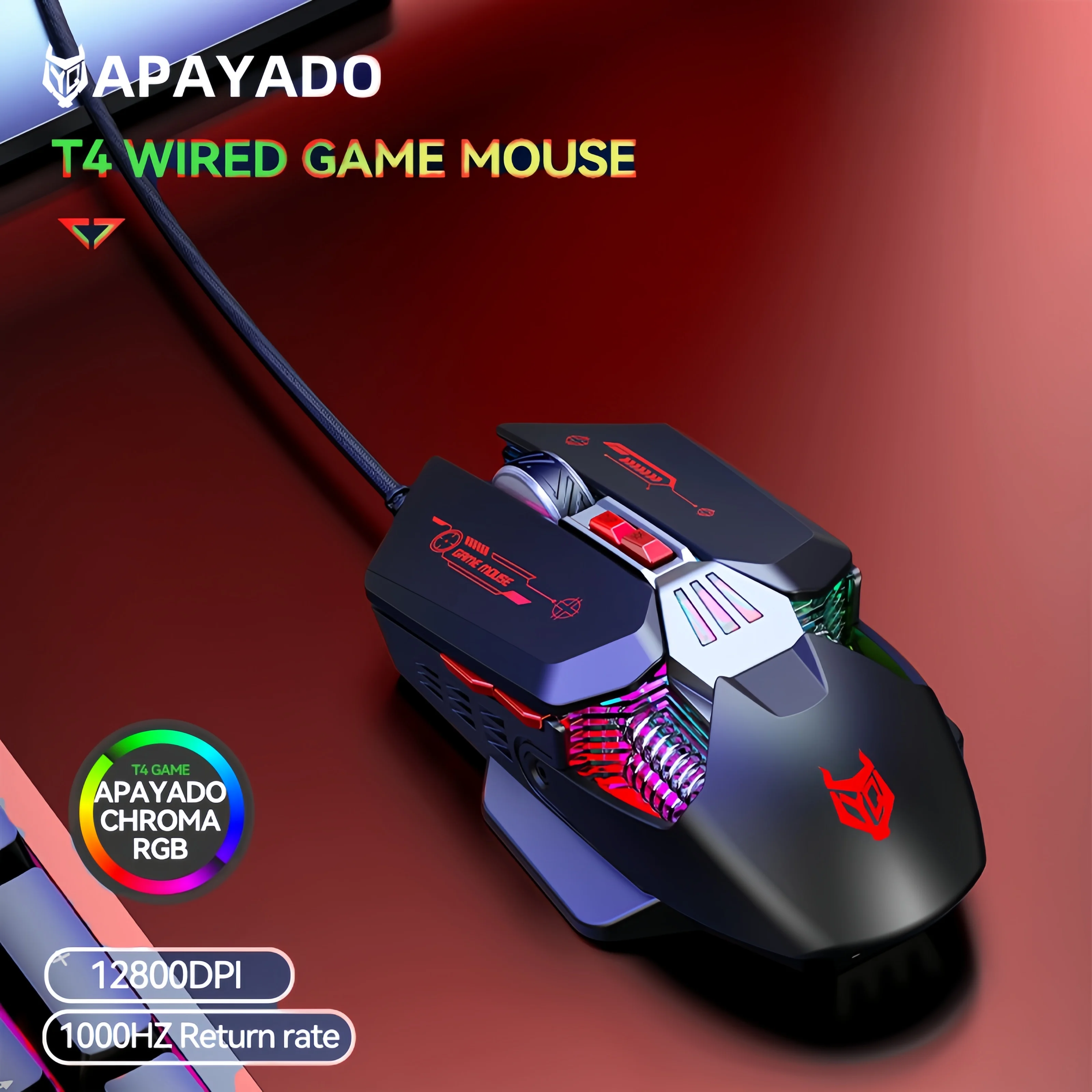 

APAYADO T4 Wired Gaming Mouse RGB 12800DPI 1000Hz Polling Rate 6-Speed DPI Hardware Macro 600IPS Ultra-Light for Esports