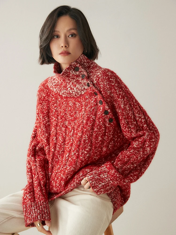 TLOML Chic Women 100% Cashmere Lazy Sweater Vintage Loose Cable Knit Pullover Buttons Turn Down Collar Sweater Autumn Winter Top