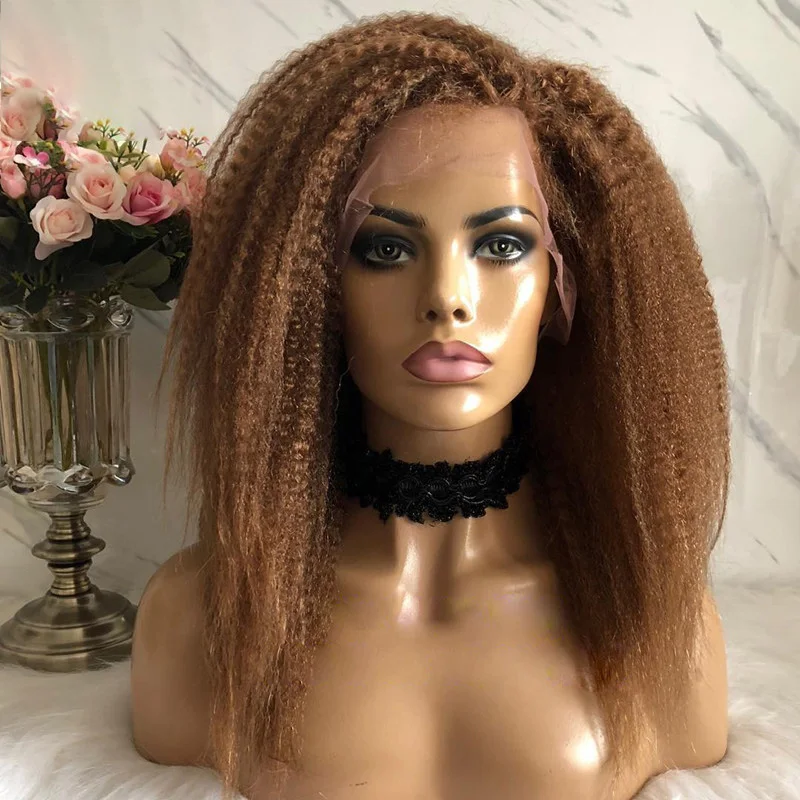 

Natural Hairline 26Inch Soft Yaki Preplucked Brown 180Density Kinky Straight Lace Front Wig Synthetic Baby Hair Glueless Daily