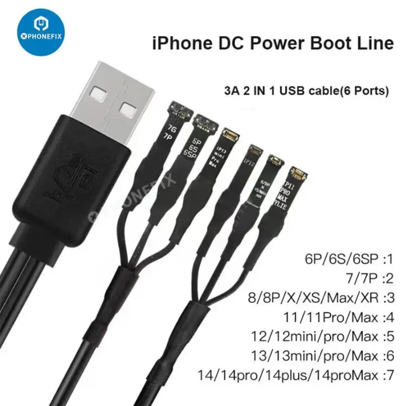 WYLIE Boot Power Cable 3A 6 Ports USB Power Boot Line for iPhone7 8 XS 11 12 13 14  15 pro max 3A FPC DC Power Supply Test Cable