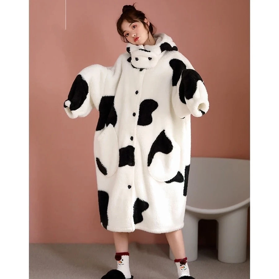 Cow Women Fleece Pajamas Winter Robes Home Clothe Flannel Pant Sleepwear Split Set Cartoon Animal Thick Couple Hooded Nightgown