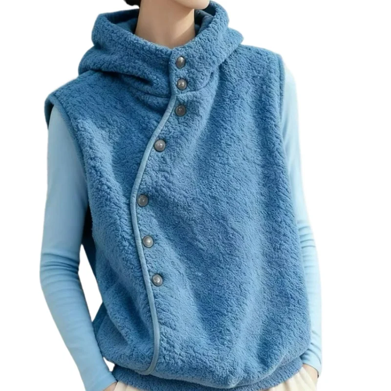 

Зимний сезон 2026. Модная и красивая изысканная жилетка делает вас выглядеть младшим более стильным синим жилетом из овечьей кожи для женщин.
