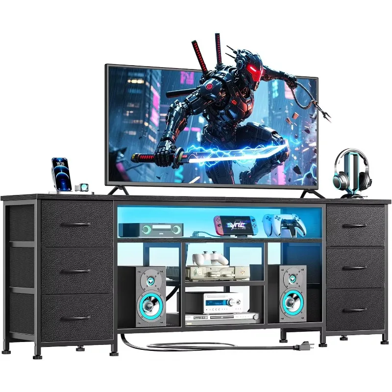 ^LED TV Stand for 65, 70 Inch TV, 63 Inch Entertainment Center with Power Outlets, 6 Fabric Drawers Dresser for Bedroom, Media
