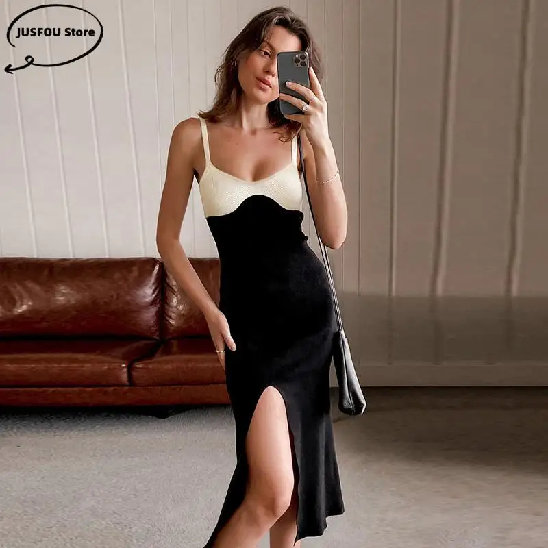 

Women Patchwork Cami Midi-Calf Dress Sexy V-Neck Vestidos Elegant Strappy Dresses Casual Clubwear E-Gril Side Split Dress