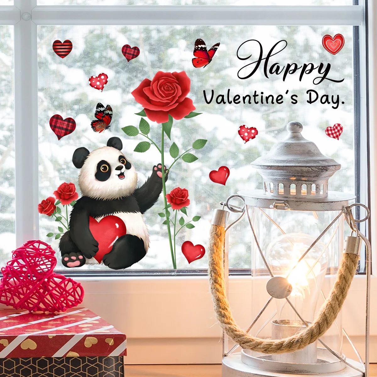 30*30cm Valentine's Day Window Stickers Valentine's Rose Love Window Glass Stickers Double-sided Visual Wall Stickers Dj2033