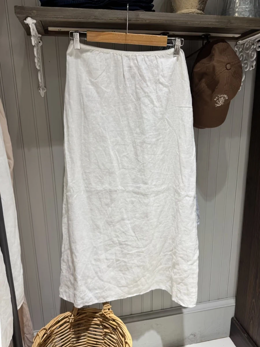 White Linen Maxi Skirts Woman Summer Sexy Low Waist Casual Straight Long Faldas Female Solid Elegant Double-layer Skirt New﻿