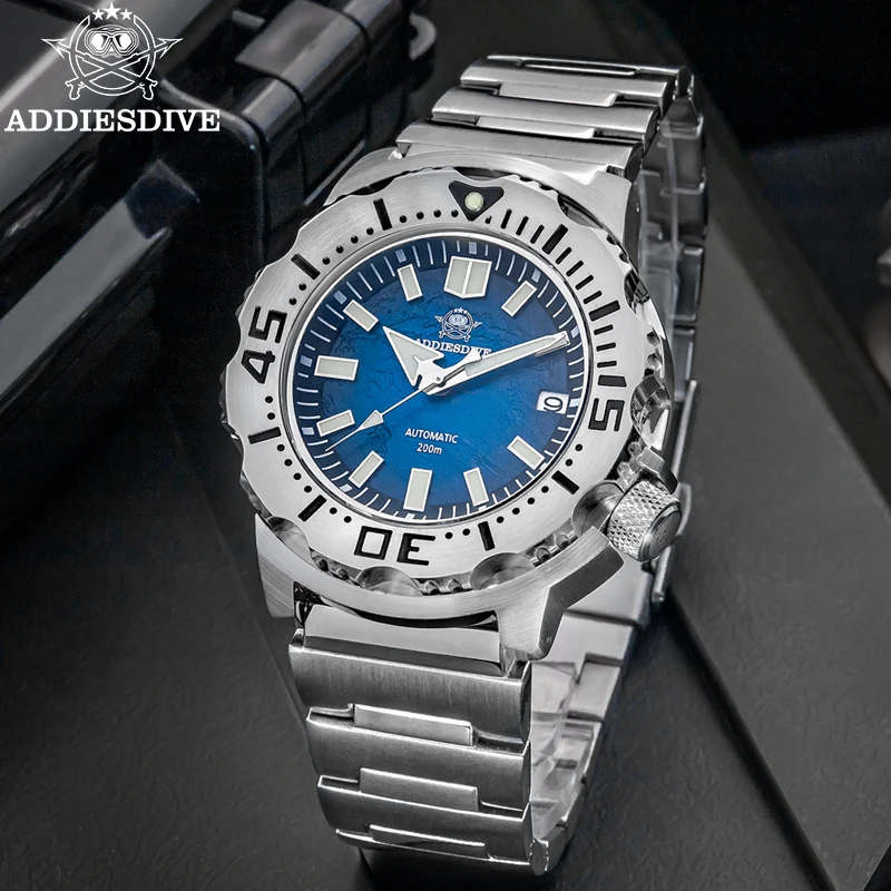 ADDIESDIVE Luminous 42mm 200M Diving Watches AR Sapphire Crystal Monster Blue Dial Wristwatches Steel NH35 Mens Automatic Watch