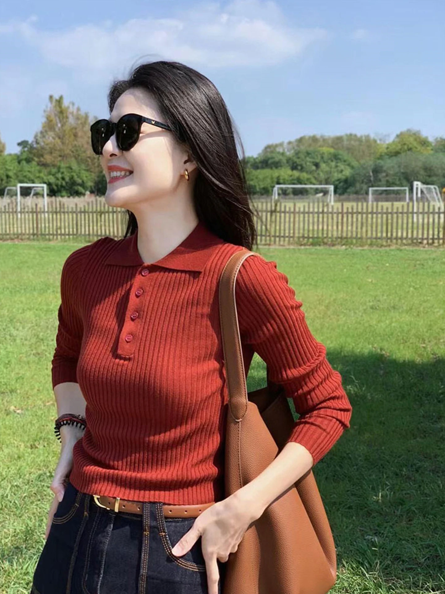 

Slimming Red Knitwear Faionable Retro High-End Sle Korean Version Long Sve Color Commute Suitable for Autumn
