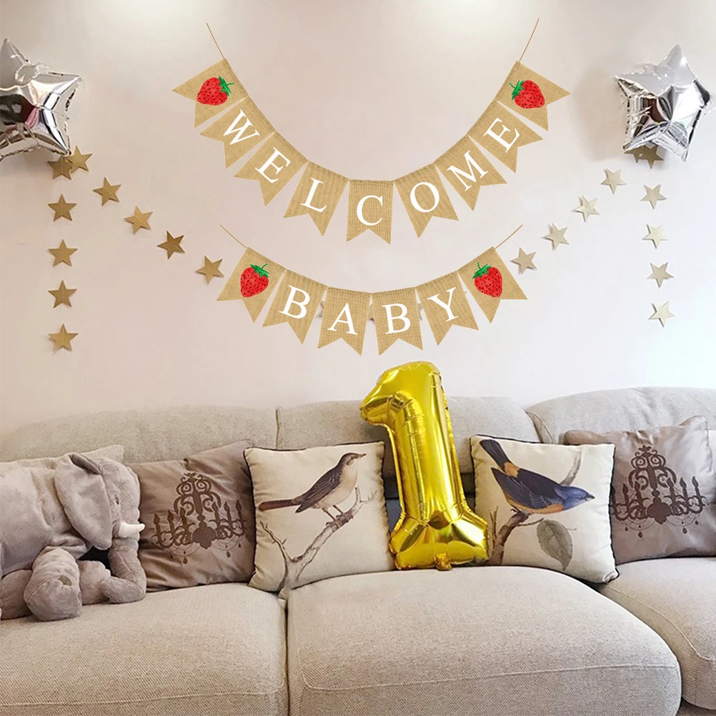 

Strawberry Theme Linen Shower Banner Welcome Burlap Swallowtail Bunting Birthday Party Garland Decoration