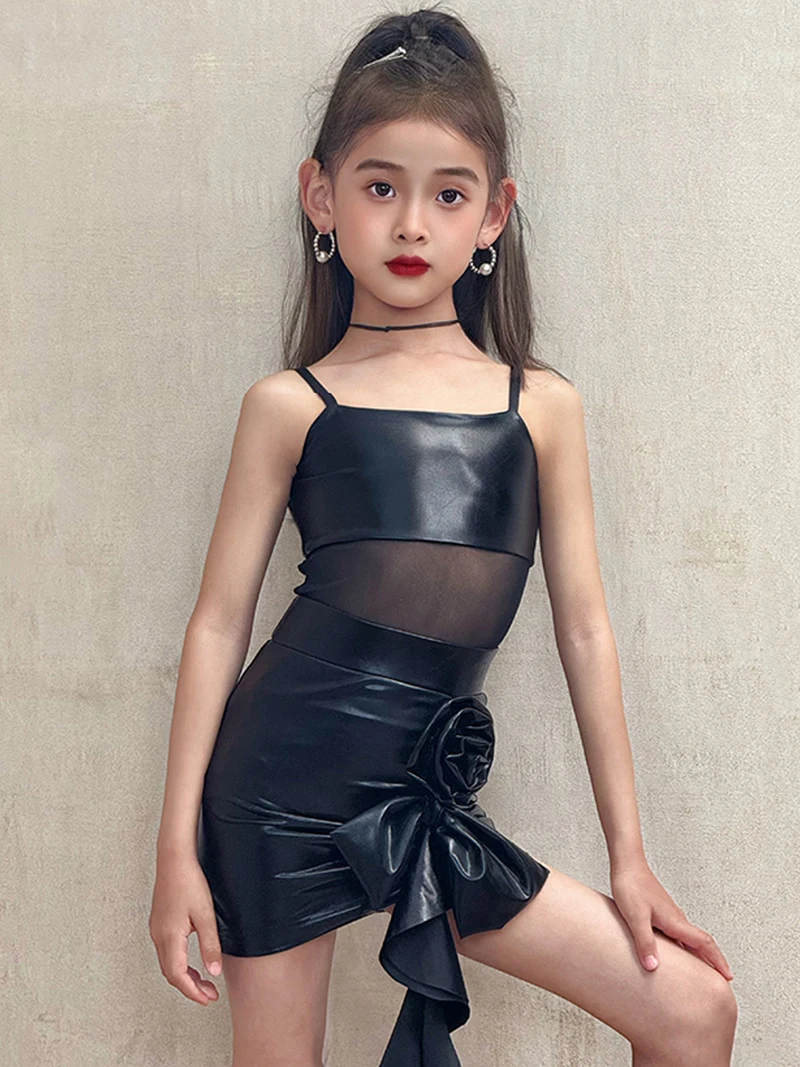 أطفال بنات اللاتينية Dancewear السباغيتي حزام ارتداءها وتنورة زهرة ثلاثية الأبعاد الأطفال الرقص رومبا المنافسة ملابس رقص