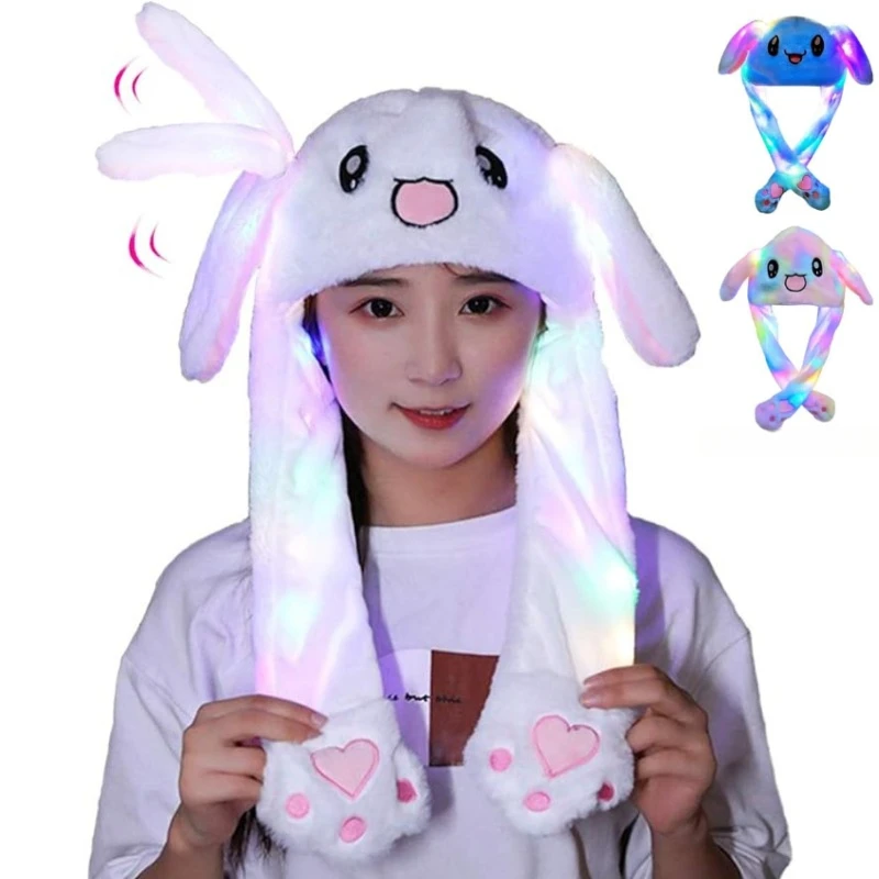 LED Glowing Plush Ear Moving Jumping Rabbit Hat Adults Kids Funny Glowing Ear Moving Bunny Hat Cosplay Party Accessories Hats