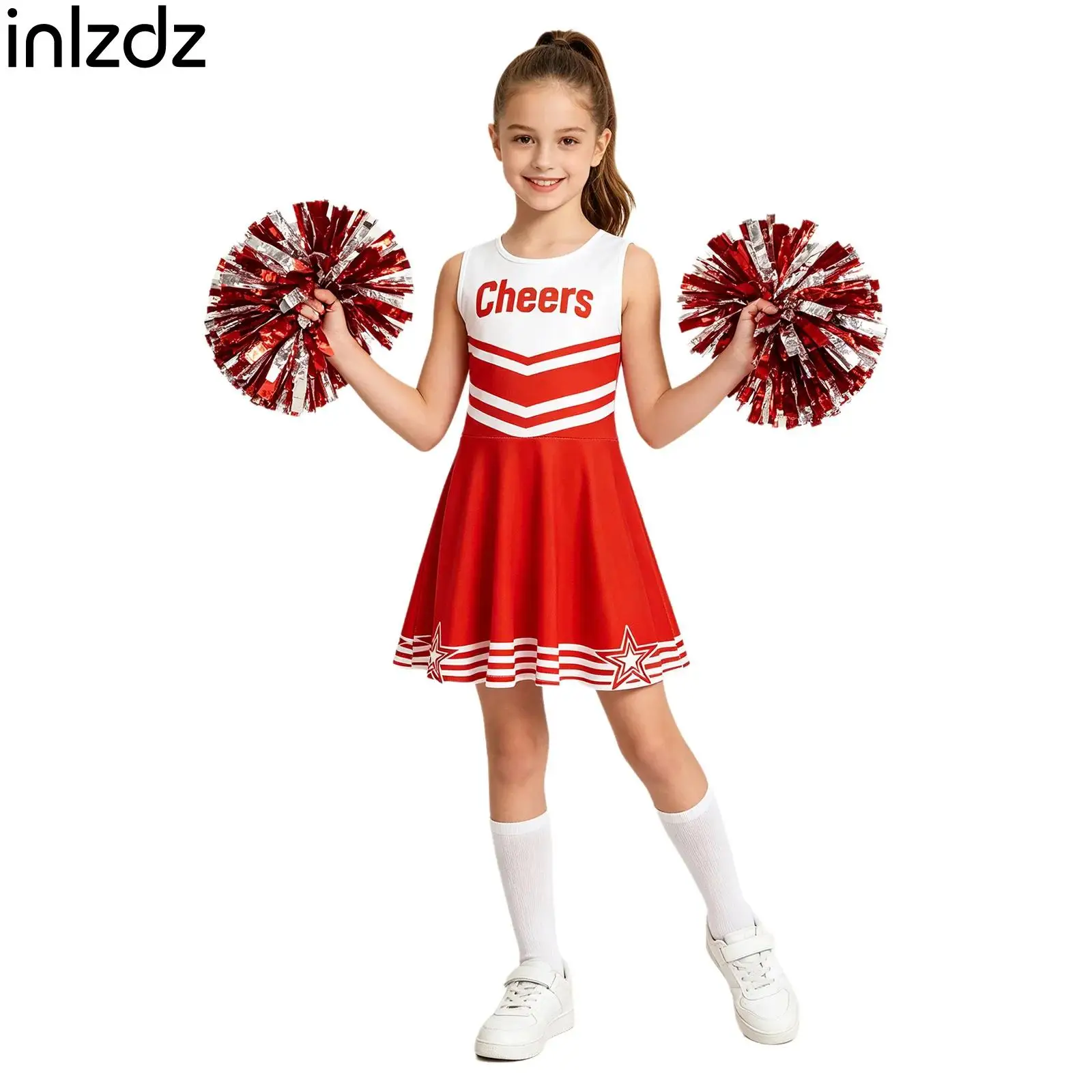Girls Cheerleading Dance Dress Kids Sleeveless Color Block Printed Dress/Cheerleader Set for Students Stage Events Performance