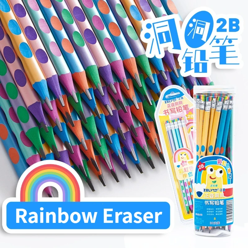 

10pcs Groove 2B Posture Correction Pencil with Rainbow Eraser Tip Sharpener Learning Drawing Pencil Stationery